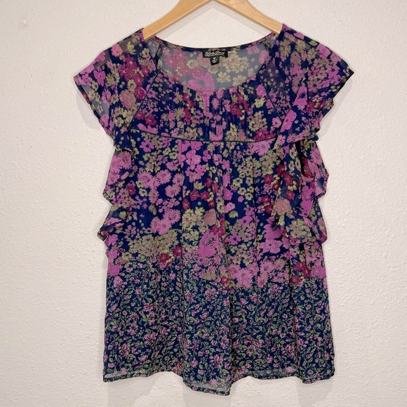 Lucky Brand Flutter Sleeve Top Floral Purple/Navy Pin Tuck Peplum Women’s Size M - Picture 1 of 10